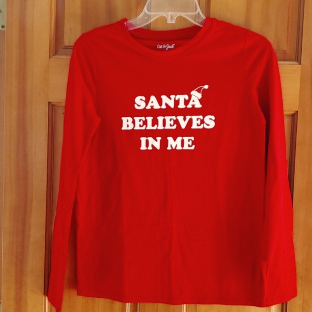 Cat & Jack Christmas Holiday Red Girls 14-16 Long Sleeve Santa Believes Shirt